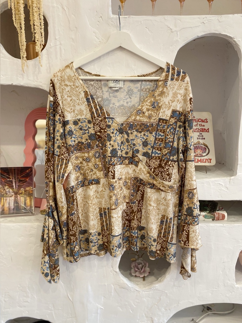 Y2K Vintage Boho Patchwork V-Neck Blouse - Cream, Brown & Blue